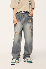 High Street Heavy Industry Water Washed Hole Jeans - WOMONA.COM