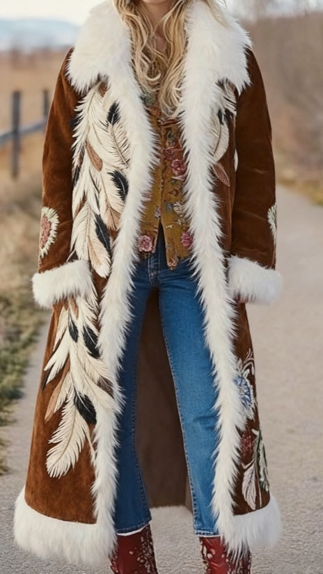 Women's long-sleeve printed coat with white faux-fur trim, brown leaf/feather embroidery, open front
