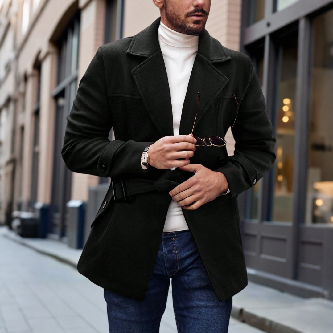 Men's black wool coat with belt, notch lapels, flap pockets, long sleeves
