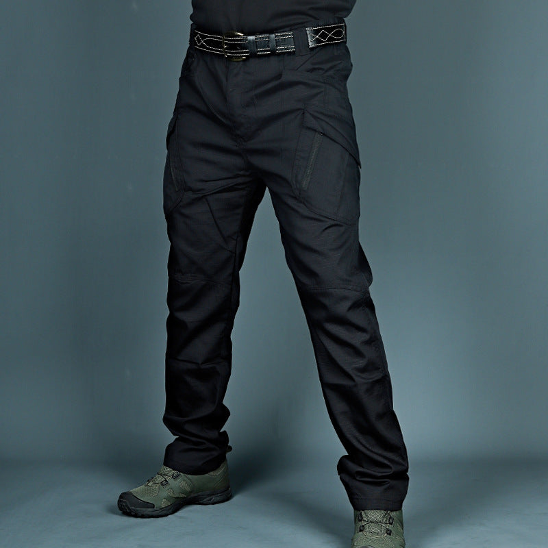 Black tactical cargo pants with belt, multiple pockets and reinforced knee panels
