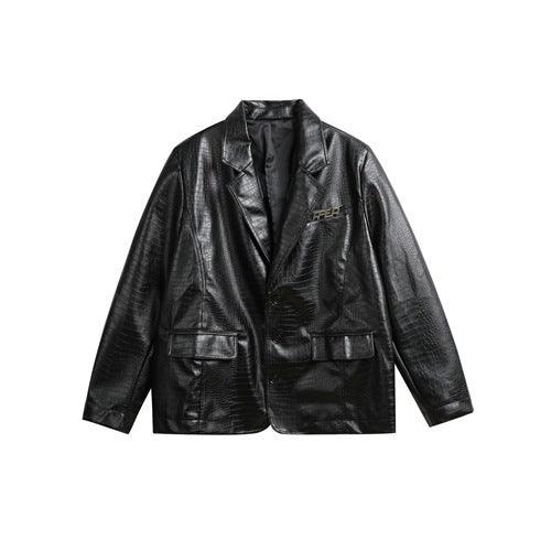 Black retro-collar casual jacket, front view, button closure and flap pockets