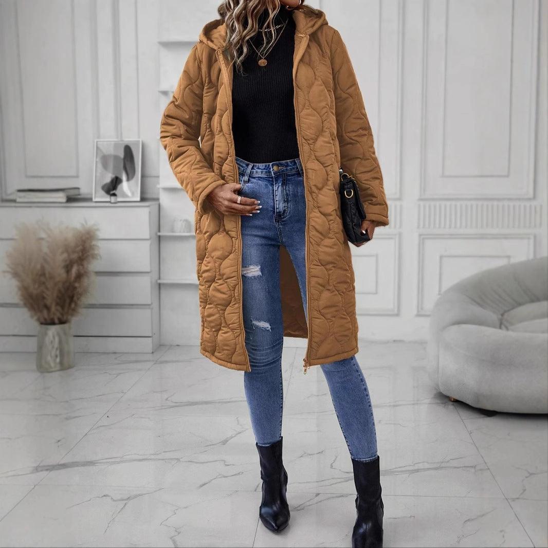 Brown long hooded quilted coat with zip front and hip pockets