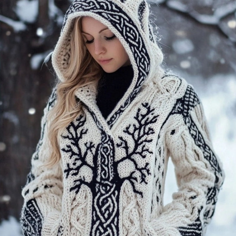Hooded knitted cardigan in off-white with dark embroidered tree patterns