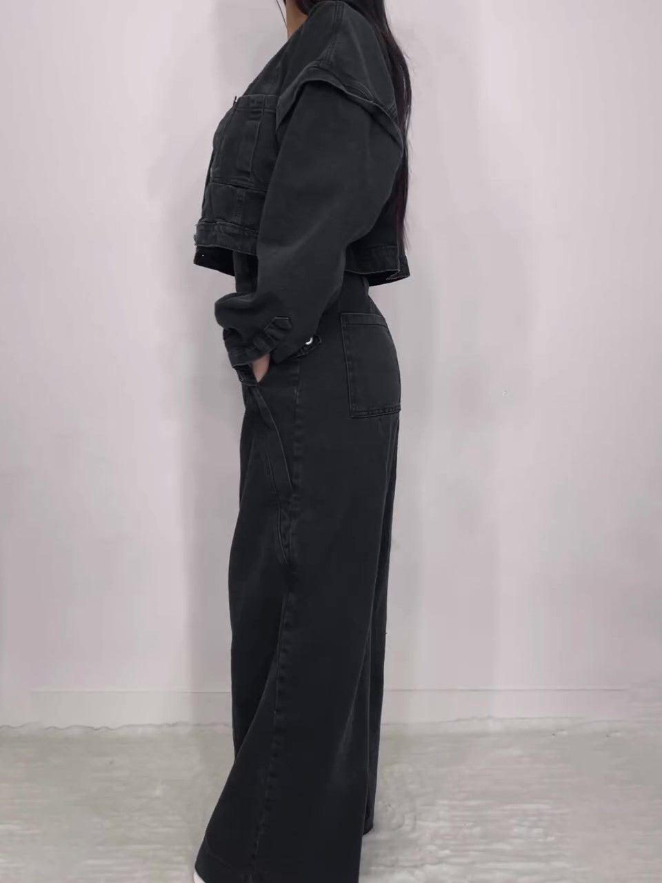 Denim Bandeau Zipper Jumpsuit & Jacket Set