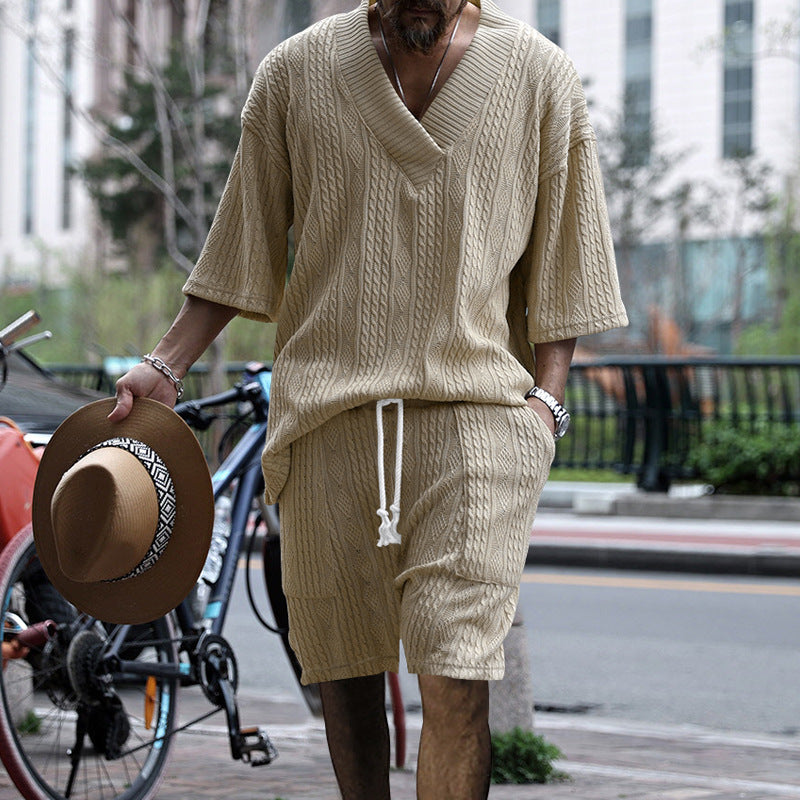 Men's Casual Loose Jacquard Knitwear Shorts Suit - WOMONA.COM