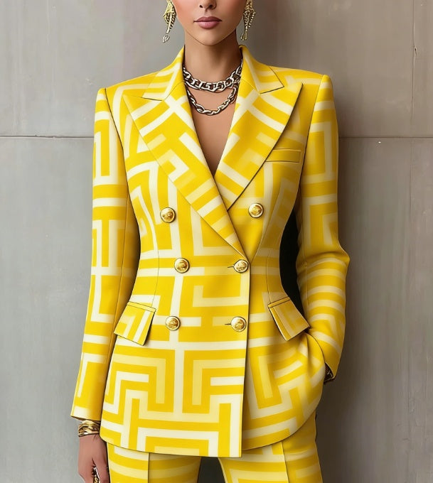 Yellow geometric double-breasted blazer suit with gold buttons and notched lapels