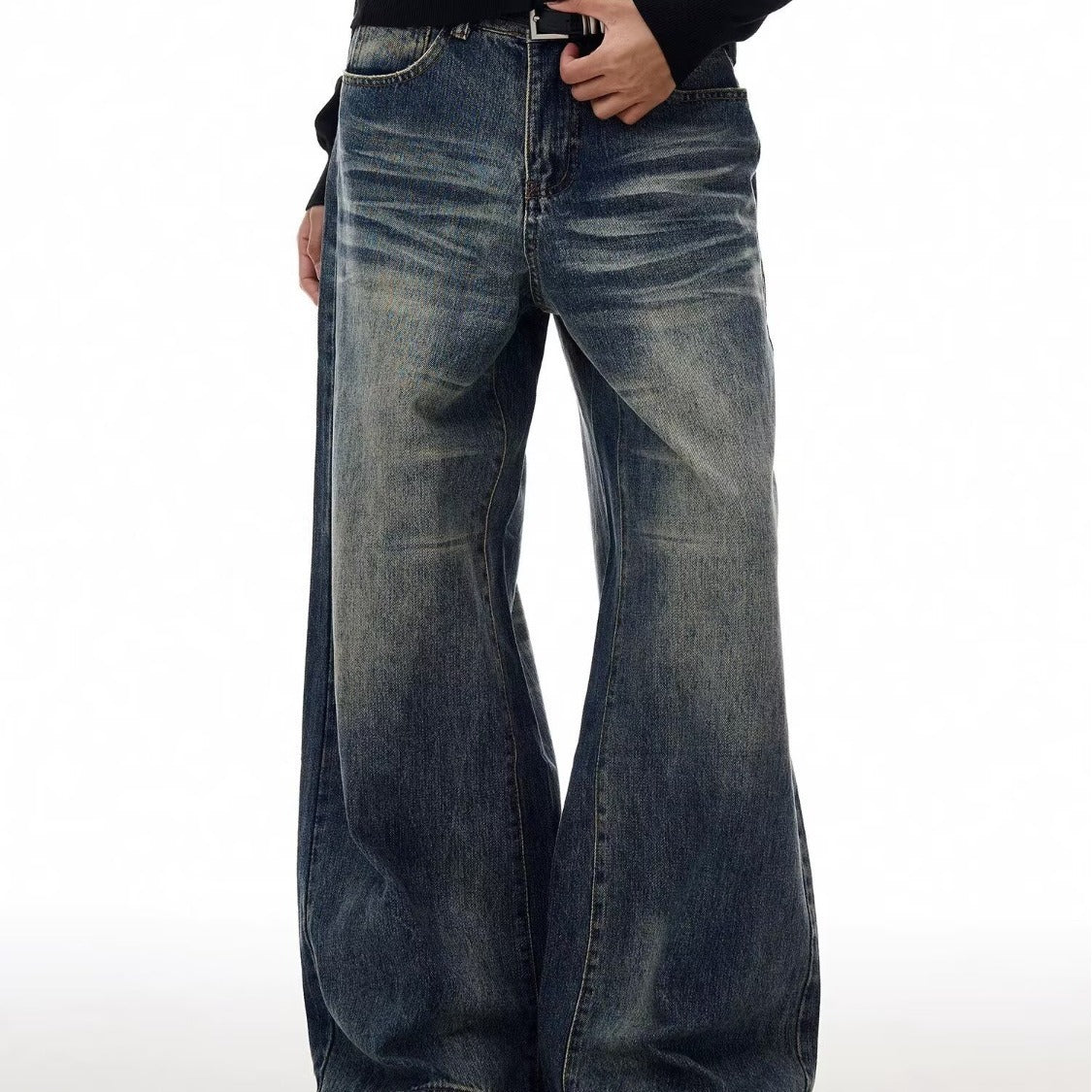 Blue wide straight-leg jeans with front pockets, belt loops, and button fly