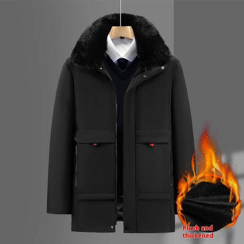 Black cotton-padded winter coat with faux-fur hood, front zipper, and chest pockets