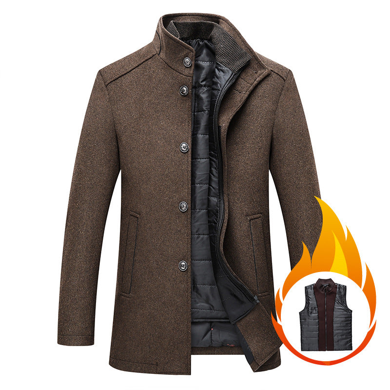 Men's wool coat in camel brown with stand collar, snap buttons, and zip front