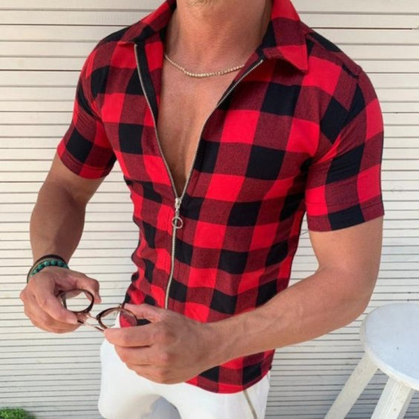 Plaid T Shirt Mens Zipper Short Sleeve Shirts - WOMONA.COM