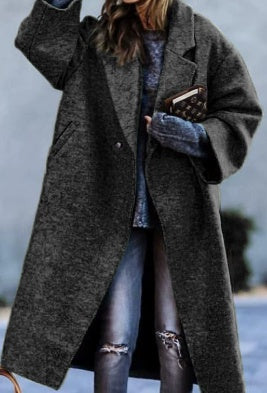 Women's long-sleeved wool overcoat, dark gray, front button closure, mid-calf length