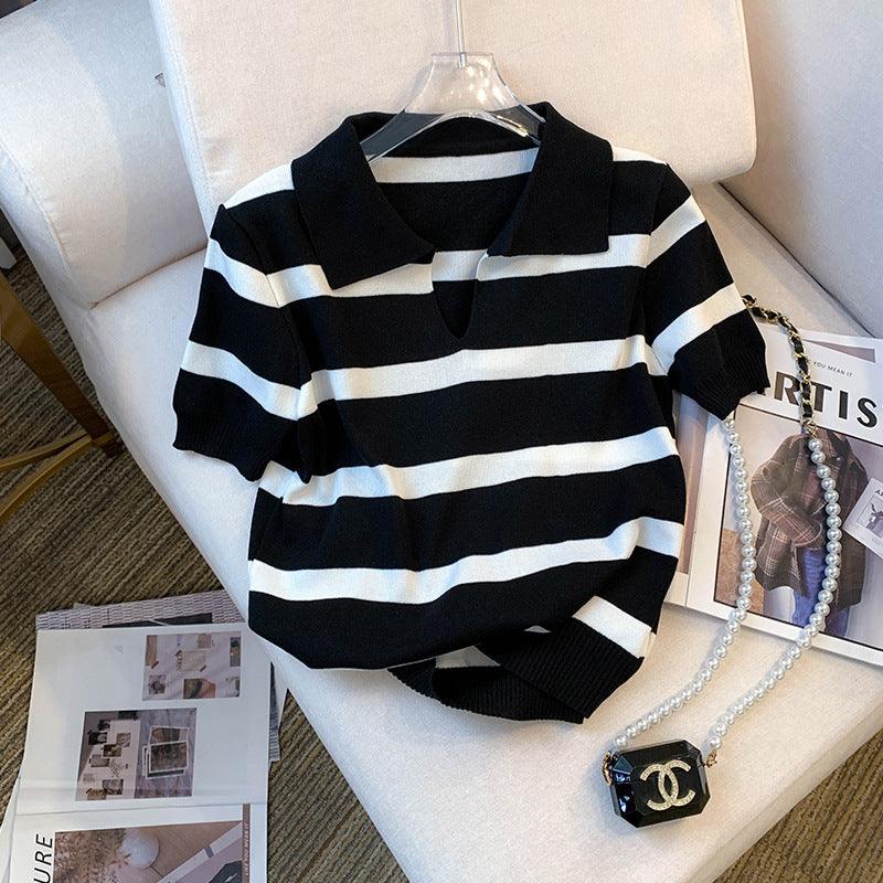 Striped V-neck Ice Silk Knitted Top - WOMONA.COM