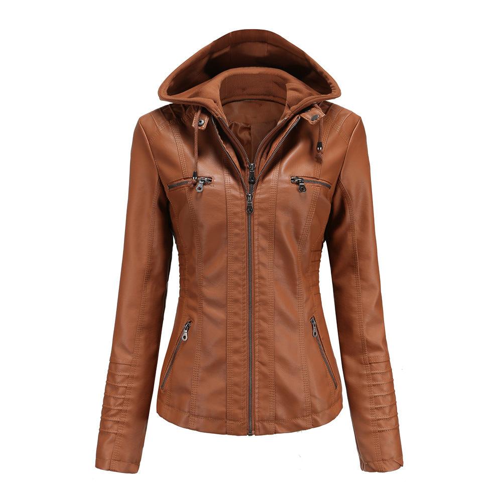 Detachable Two-piece Hooded Leather Jacket - WOMONA.COM