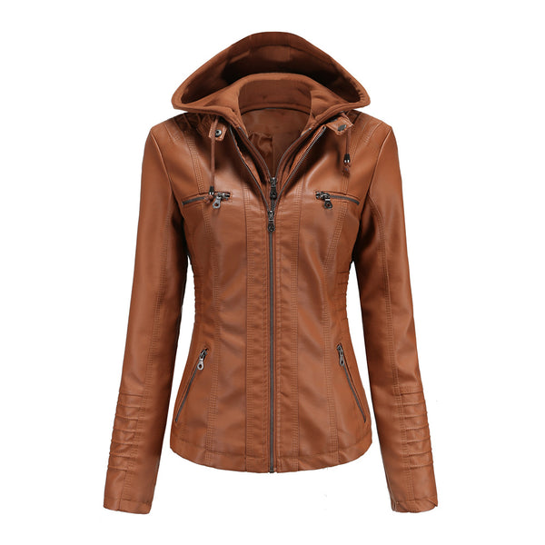 Detachable Two-piece Hooded Leather Jacket - WOMONA.COM