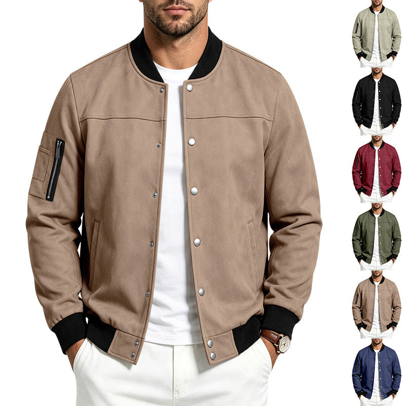 Men's suede-blend stand-neck jacket, tan/brown with snap buttons and black trim