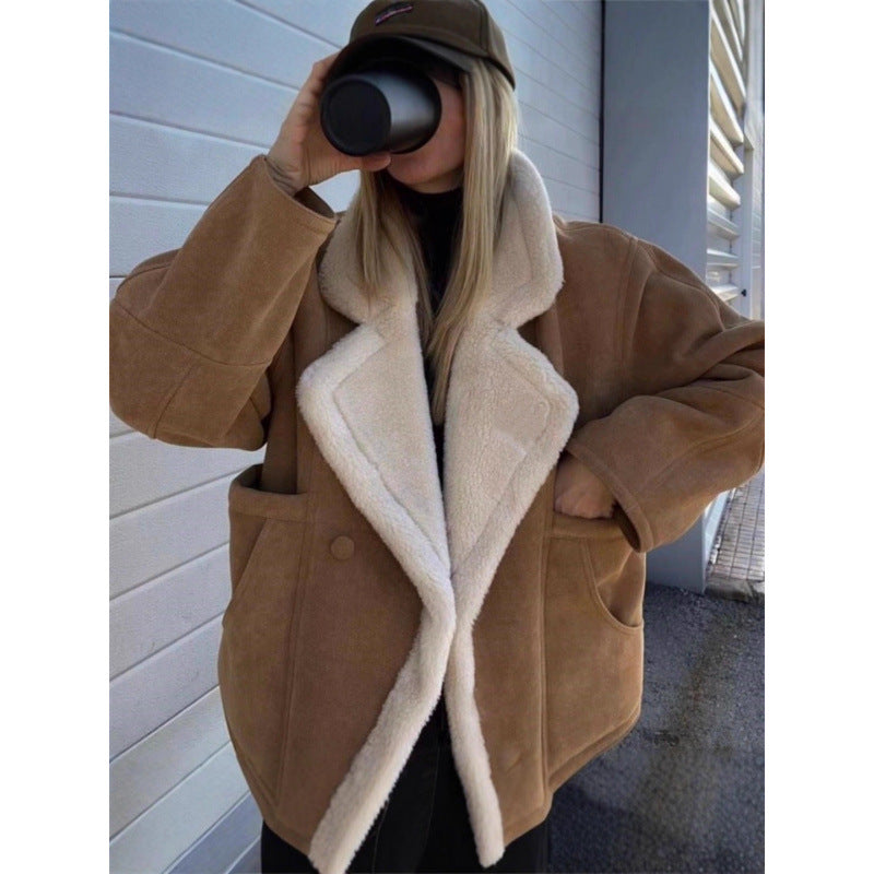Camel-brown sherpa-lined wool-look jacket with button front, relaxed fit