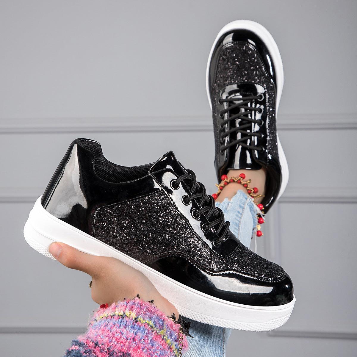 Black patent and glitter lace-up running sneaker with white cushioned sole