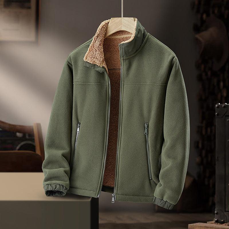 Men's fleece stand-collar zip jacket, army green with sherpa-lined collar