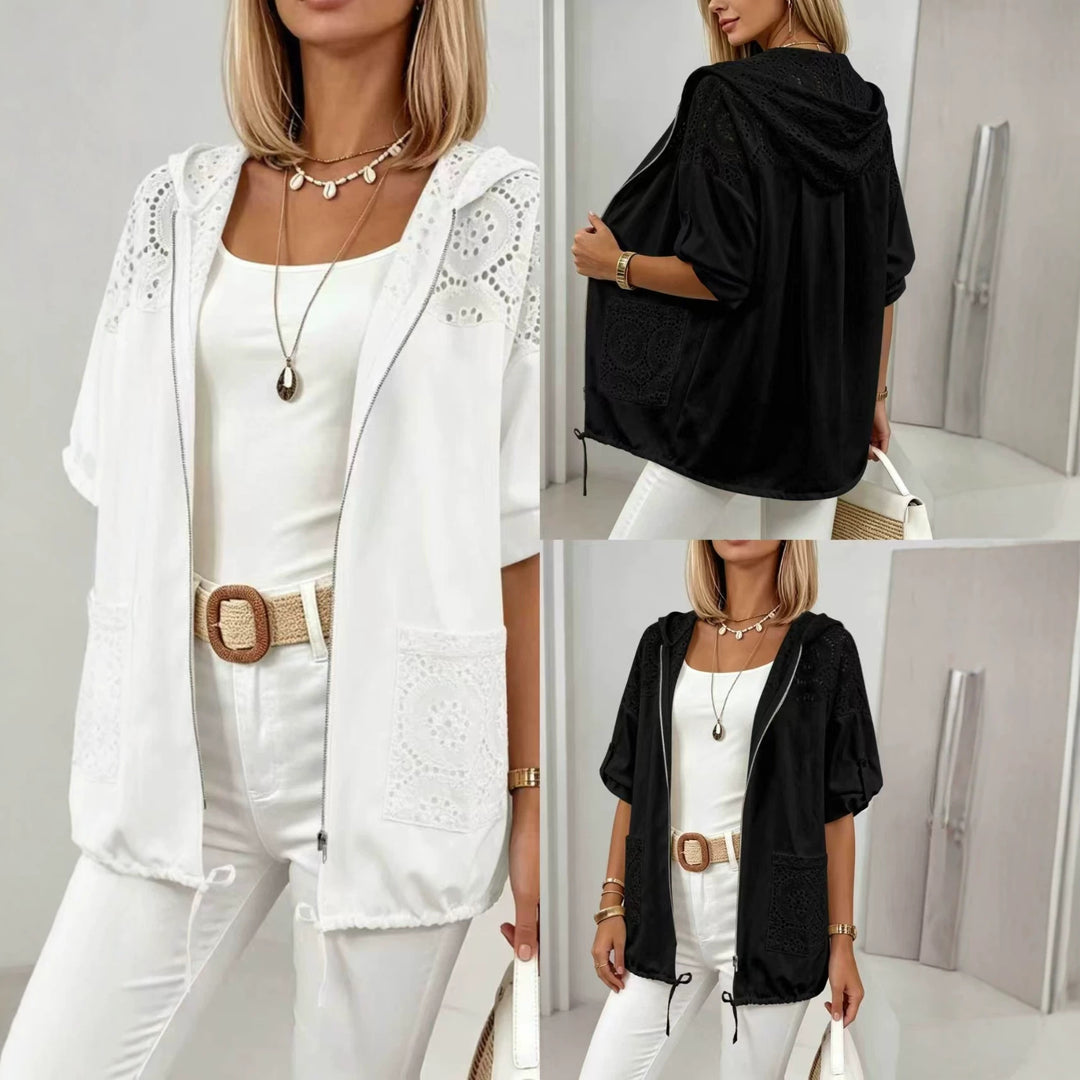 Women lace patchwork hooded short-sleeve jacket, white and black shown