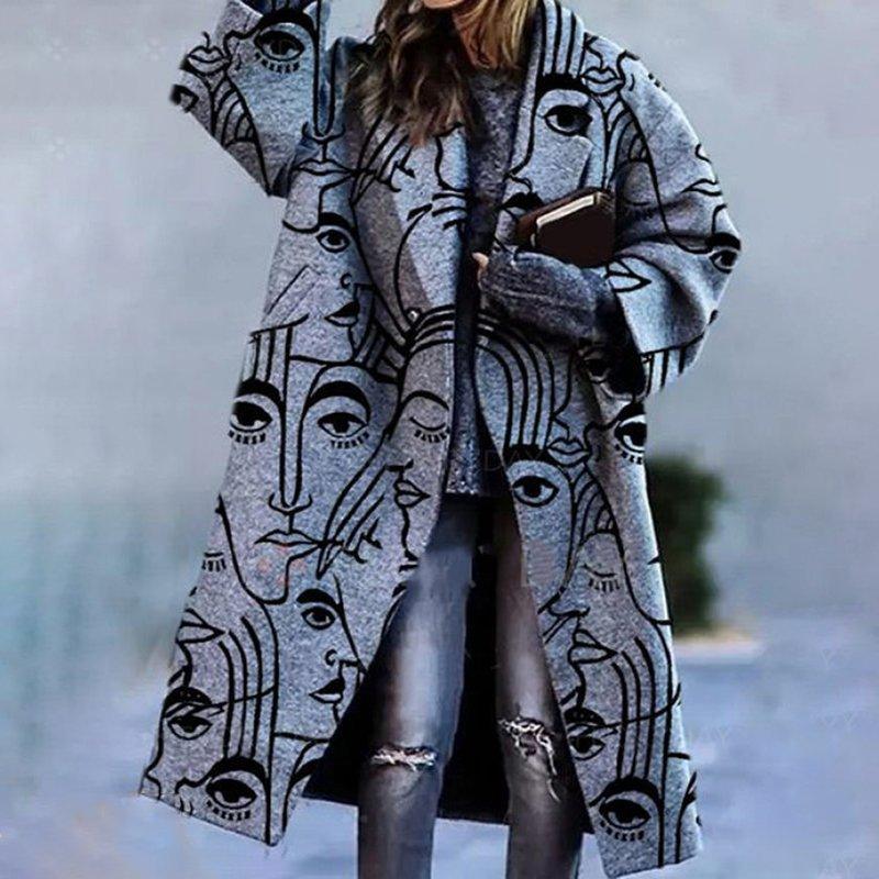 Grey long-sleeve lapel coat with all-over face print, open front