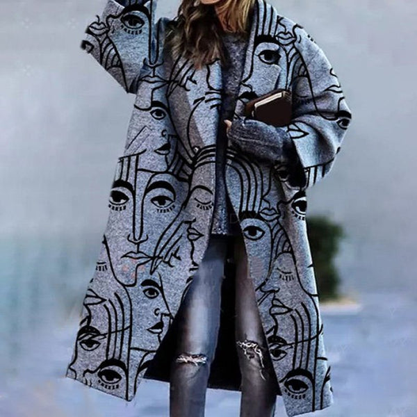 Long Sleeve Lapel Printed Jacket Wool Coat