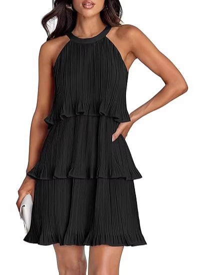 Pleated Halter Tiered Mini Dress — black pleated halter mini dress