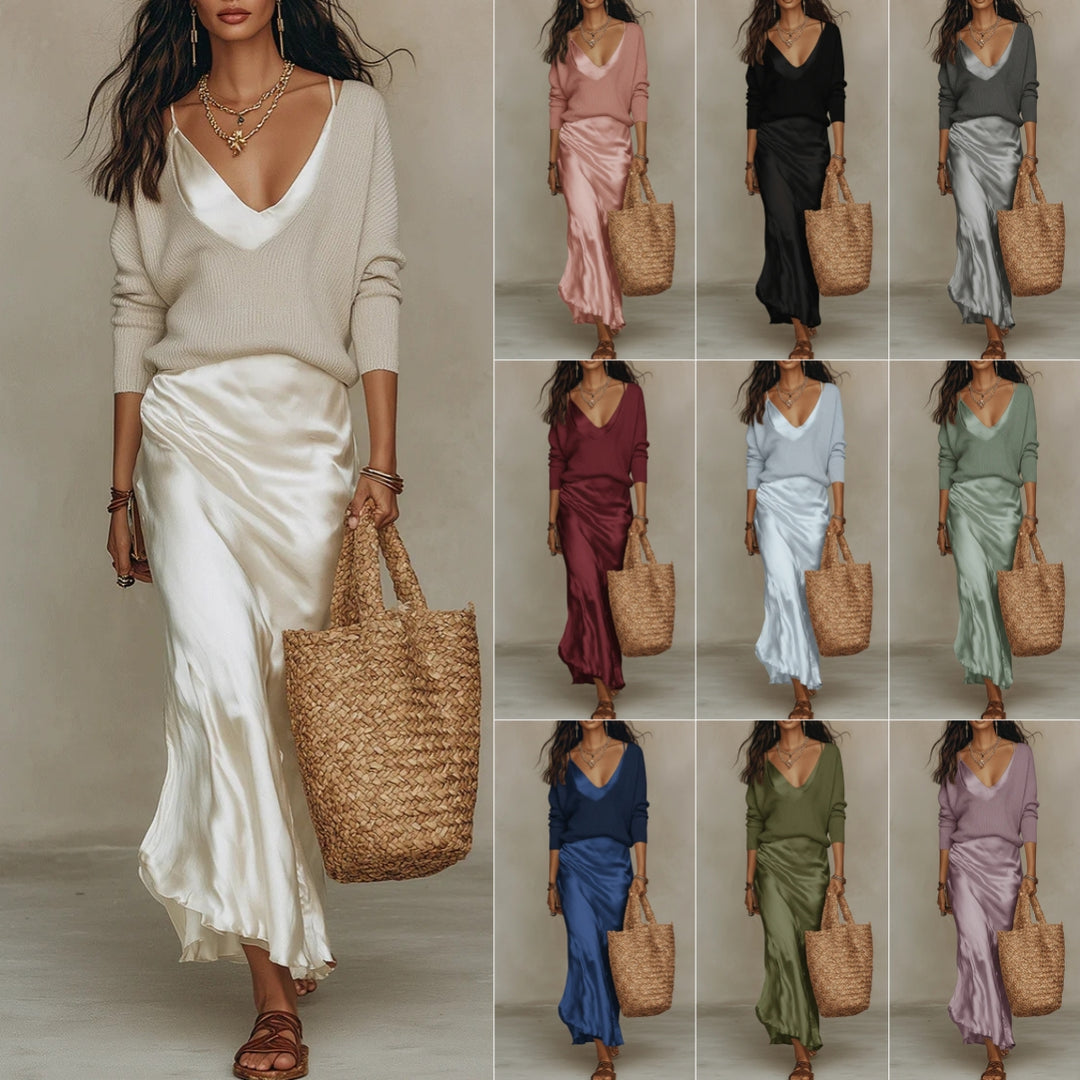 Women's satin-look maxi dress and knit top – product image 1