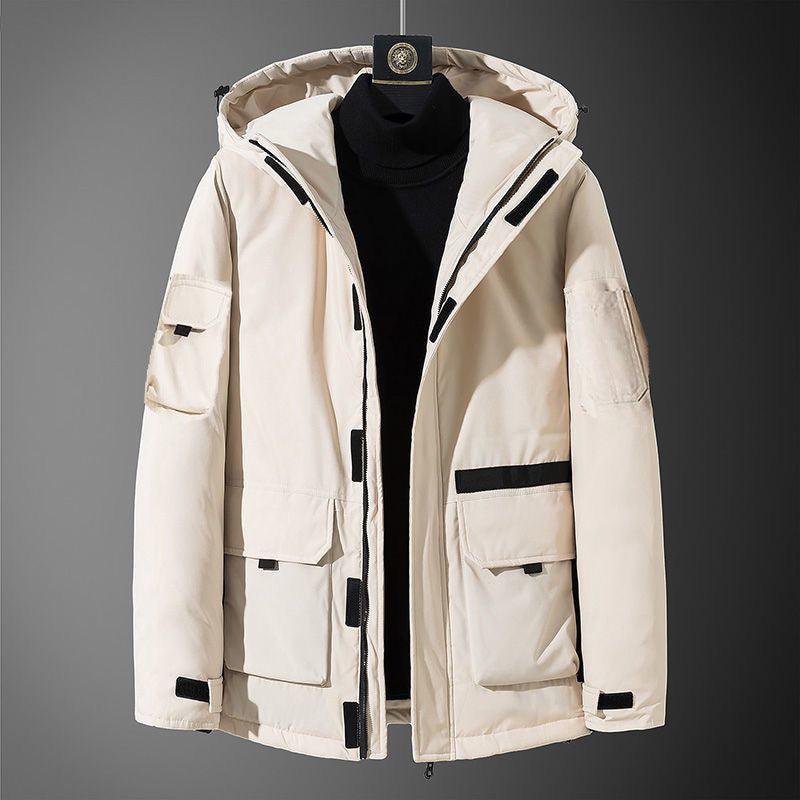 Off-white hooded outdoor work coat with zip front and four flap pockets, black trim