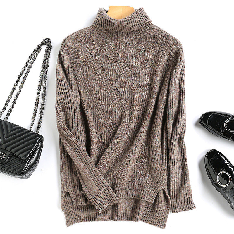 Loose Solid Color Split Pullover Wool Sweater - WOMONA.COM