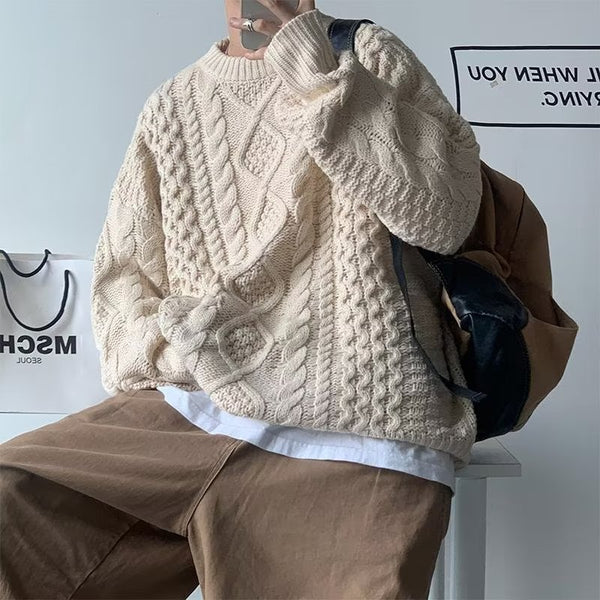 Japanese Stitching Contrast Color Cable-knit Sweater Men