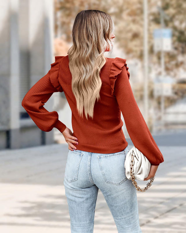 Ruffled Shoulder Long Sleeve Round Neck Slim Rib Knitted Sweater - WOMONA.COM