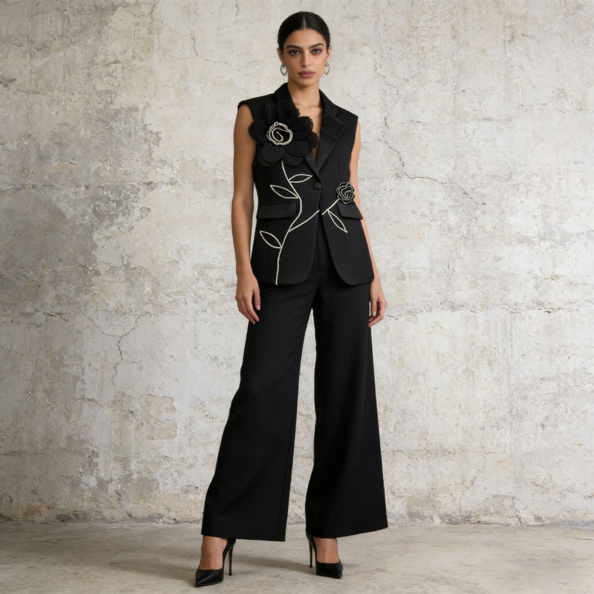 Women's Floral Embroidered Blazer Vest & Wide-Leg Trousers Set - alternate product view 10