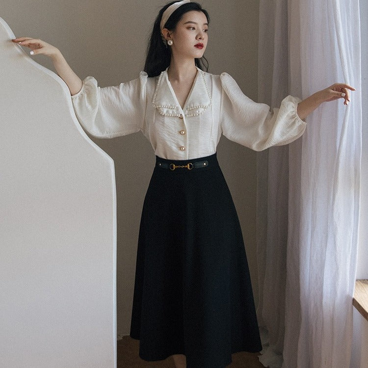 Fashion Pearl Collar Top Retro Skirt Two-piece Suit - WOMONA.COM