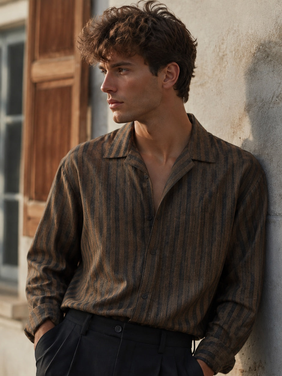 Brown vertical stripe oversized long-sleeve button-up shirt with pointed collar