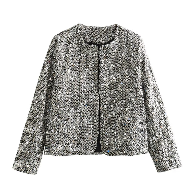 Chaqueta de lana de tweed con lentejuelas para mujer