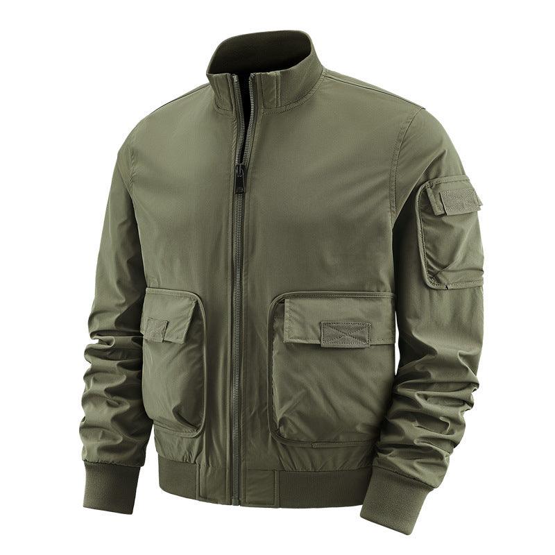 Army green zip-front utility jacket with flap chest pocket and two buttoned sleeve cargo pockets