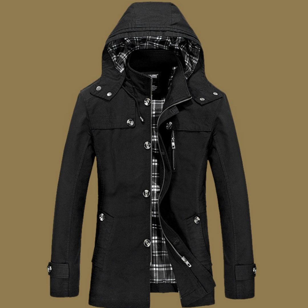Black hooded jacket with plaid lining, snap buttons, and zip front