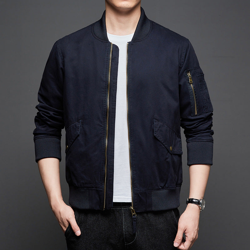 Men's loose cotton stand collar jacket in khaki
