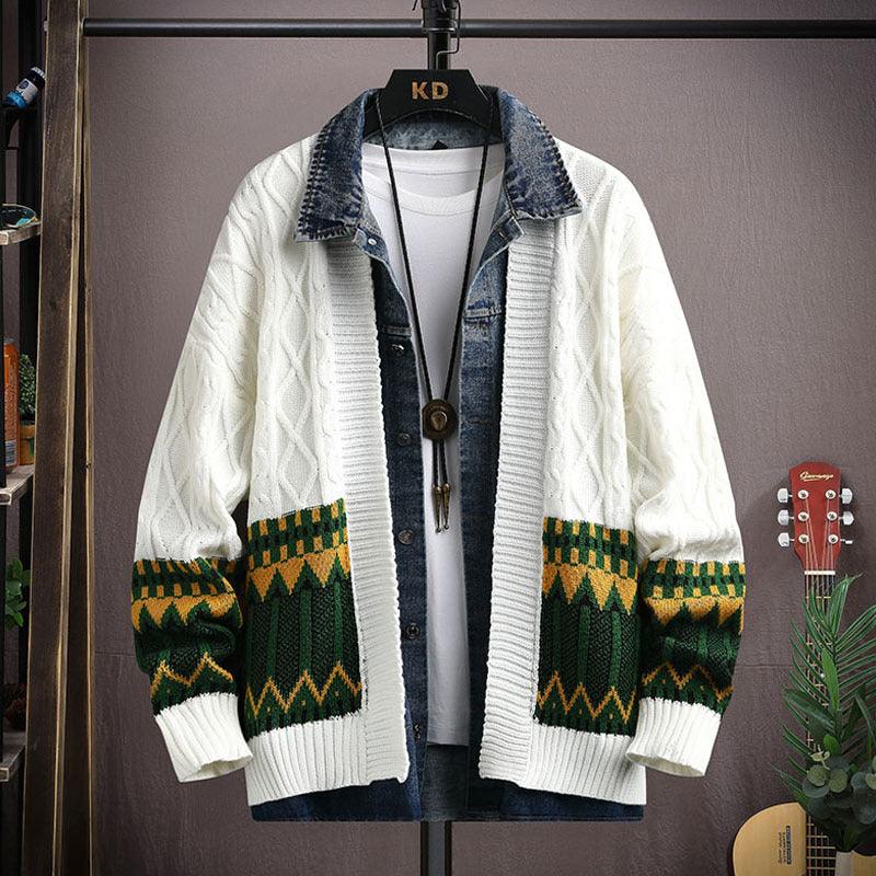 White knit cardigan with denim-style collar and green-yellow fair isle stripe bands
