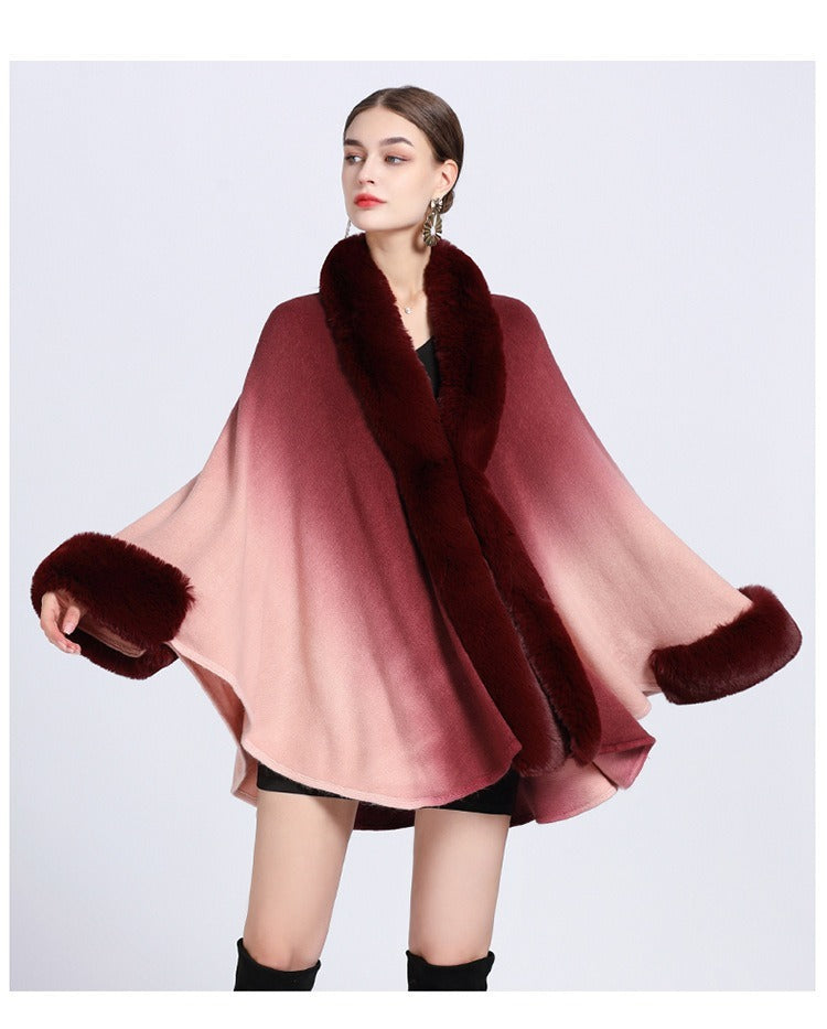 Rabbit Fur Collar Shawl Cape Knitted Cardigan Baggy Coat - WOMONA.COM