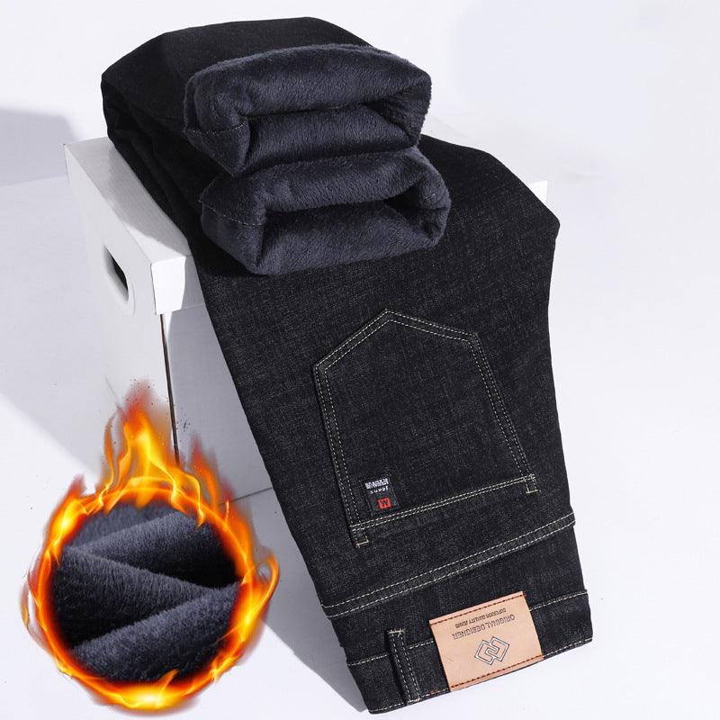 Folded men's winter fleece-lined thick jeans, dark gray denim with label details