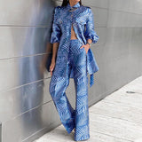 Women's Printed Cardigan Straight-leg Pants Suit - WOMONA.COM