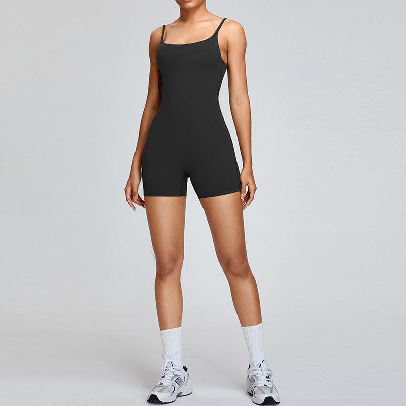Women's black spaghetti-strap yoga jumpsuit romper, centered front view