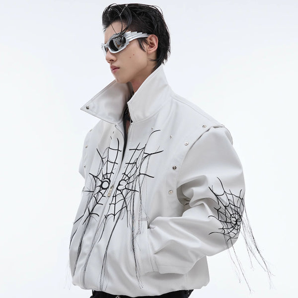 Niche Spider Web Tassel Design Motorcycle Leather Coat - WOMONA.COM