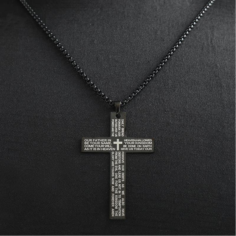 Black cross pendant necklace with engraved vertical text bar and chain link.