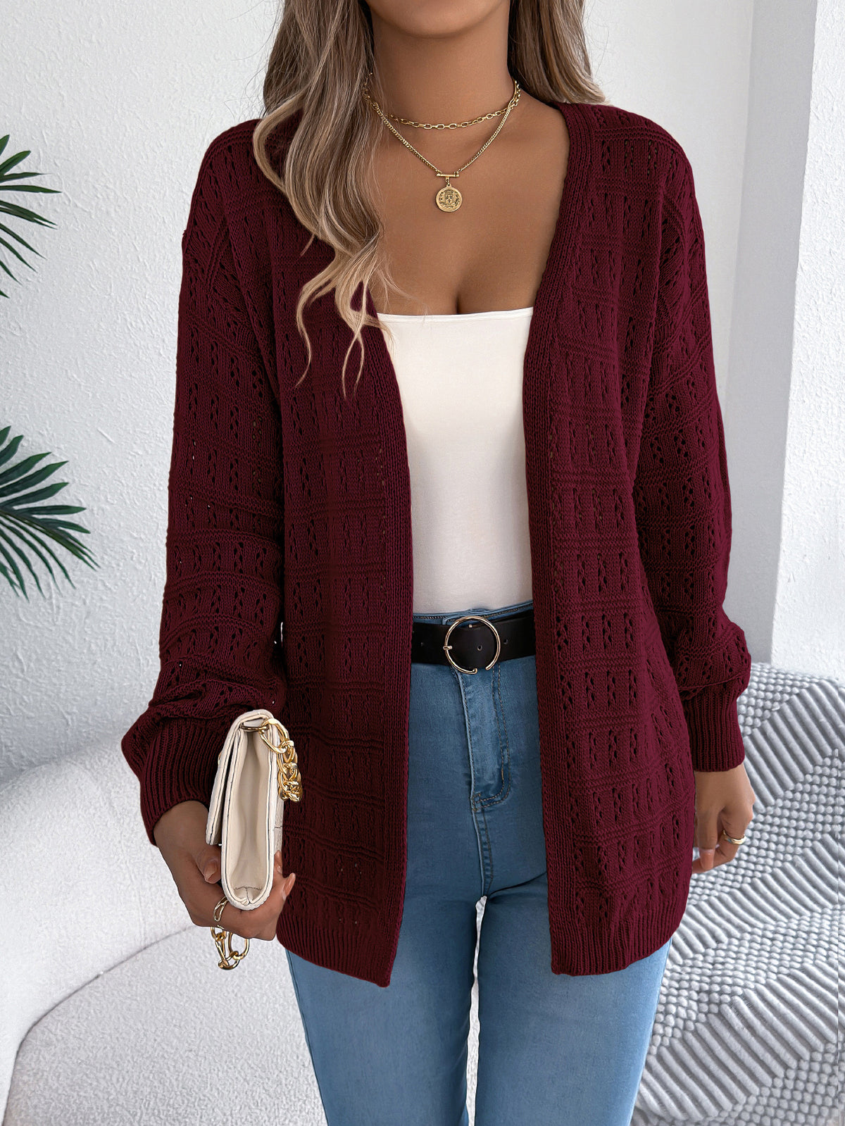 Women's Solid-Color Hollow Out Lantern-Sleeve Long-Sleeve Cardigan - product image 11