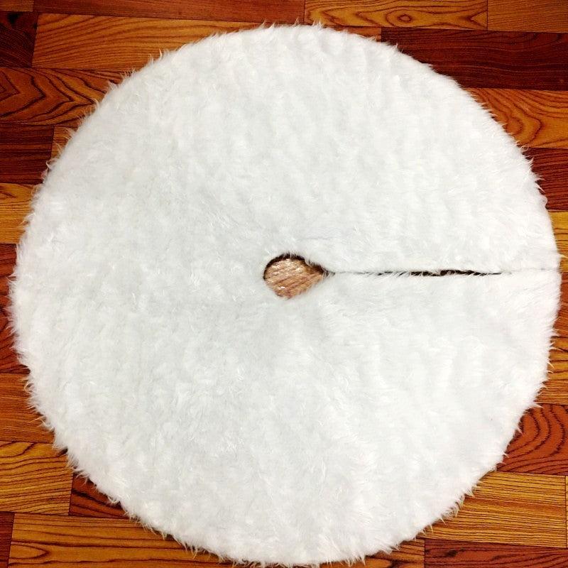 White plush Christmas tree skirt with round center opening and tie cord