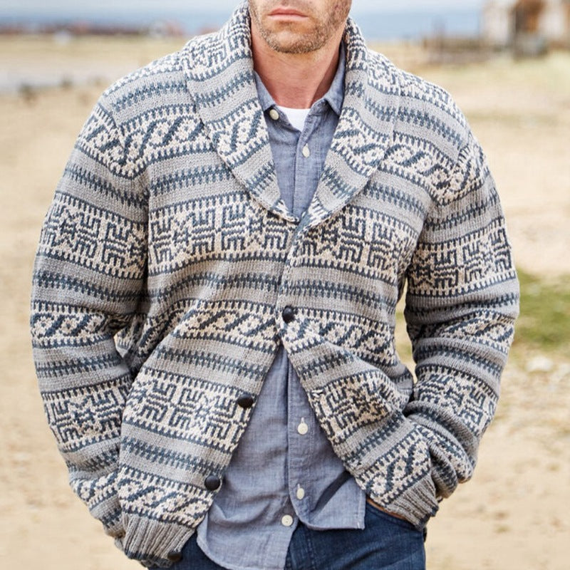 Men's gray jacquard lapel knit cardigan