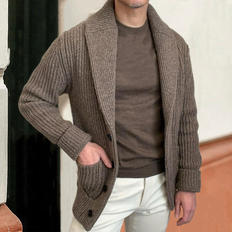 Knitted Cardigan With A Lapel And Long Sleeves For Mens Wear