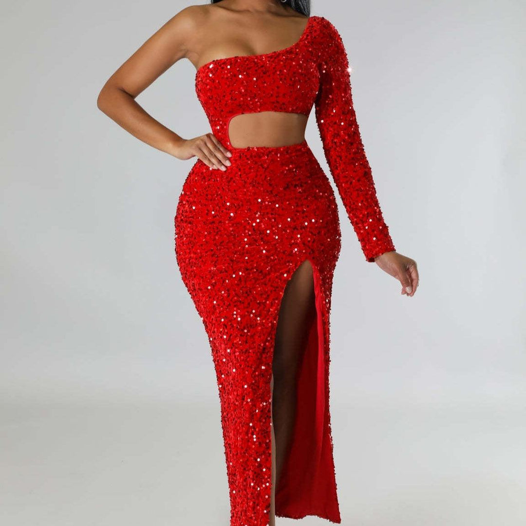 Red sequin one-shoulder midi dress with long sleeve, cutout waist, high hip slit